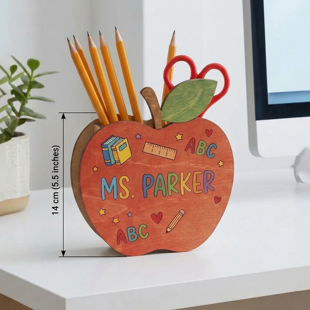 Custom Personalized Apple Wooden Pen Holder,Stationery Storage Organizer,Teacher Appreciation Gift,Back To School,Desk Decor