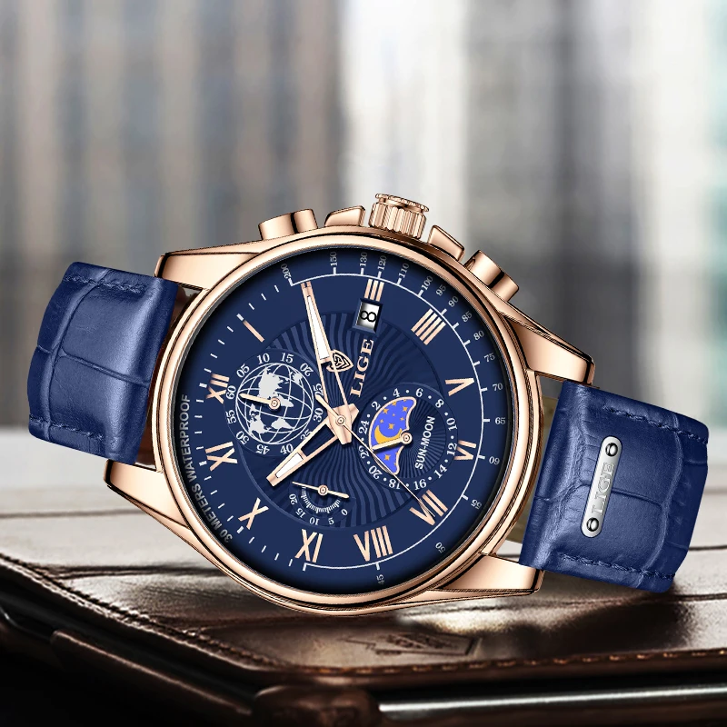 2024 LIGE New Blue Leather Mens Watches Top Brand Luxury Waterproof Watch For Men Sport Date Quartz Wristwatch Relogio Masculino