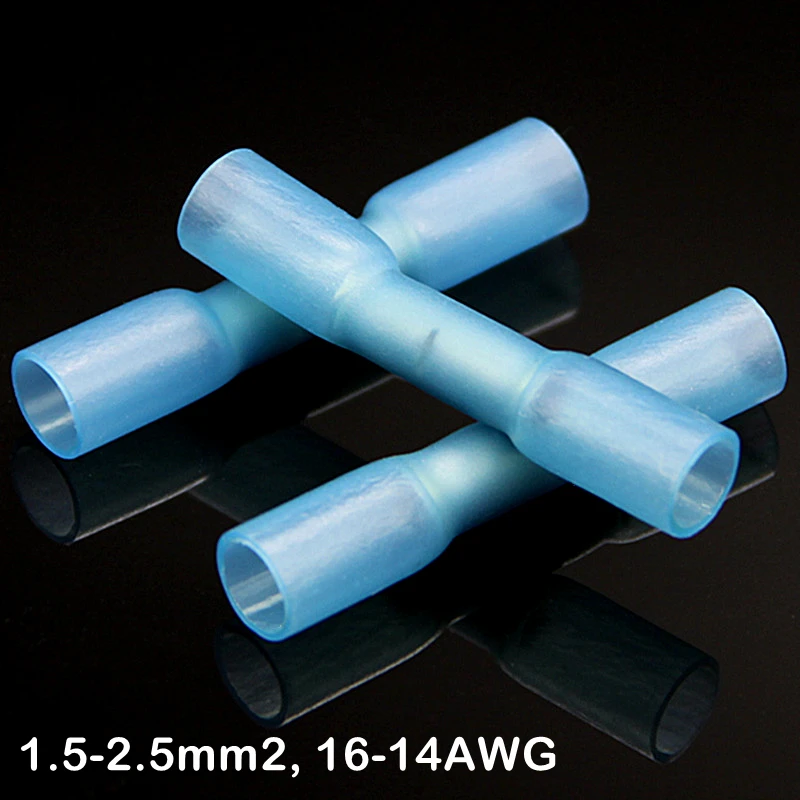 300/500/1000Pcs 16-14 AWG 1.5-2.5mm2 Blue Heat Shrink Butt Connectors Insulated Seal Wire Splice Cable Crimp Terminals