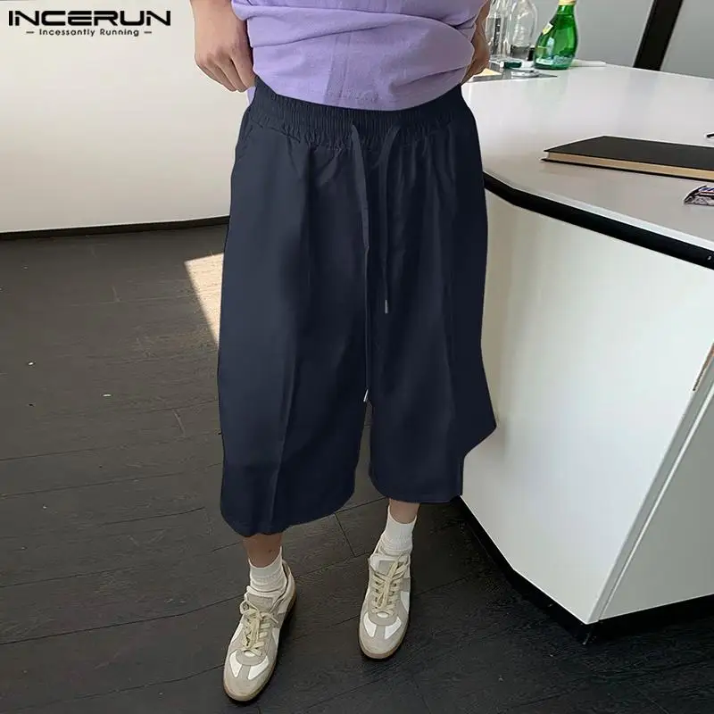 INCERUN 2024 Men\'s Shorts Solid Color Loose Drawstring Korean Style Fashion Casual Men Bottoms Streetwear Leisure Shorts S-5XL