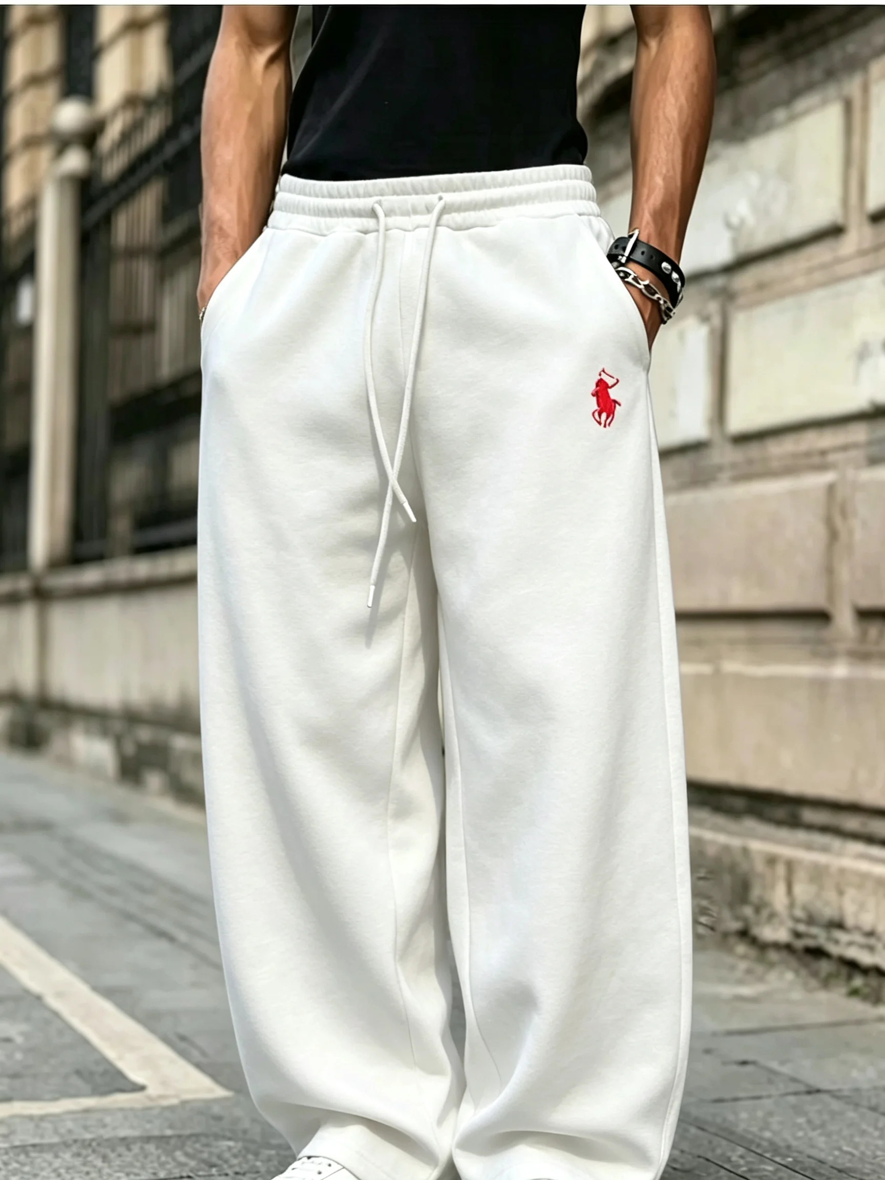 2026 Herren Streetwear Weitbeinige Jogginghose mit Hufeisenförmiger Stickerei, Lässige Sport-Langhose, Modische Weite Hose für den Herbst – Detail 11