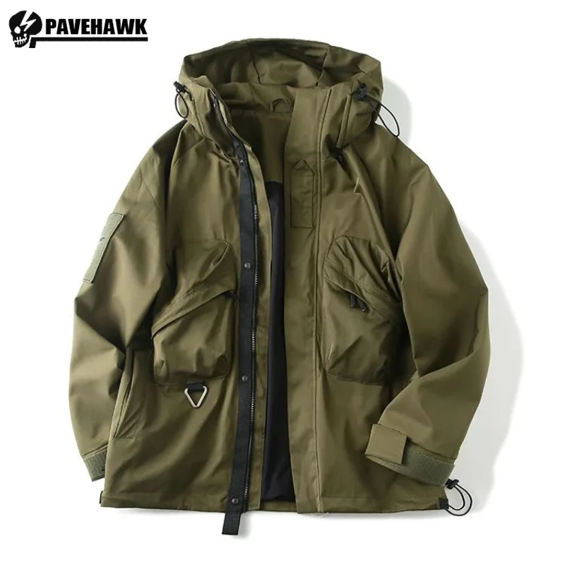 Hooded Mens Cargo Jacket Waterproof Breathable Multi Pocket Outdoor Charge Coat Lightweight Camping Hiking Sports Windbreaker