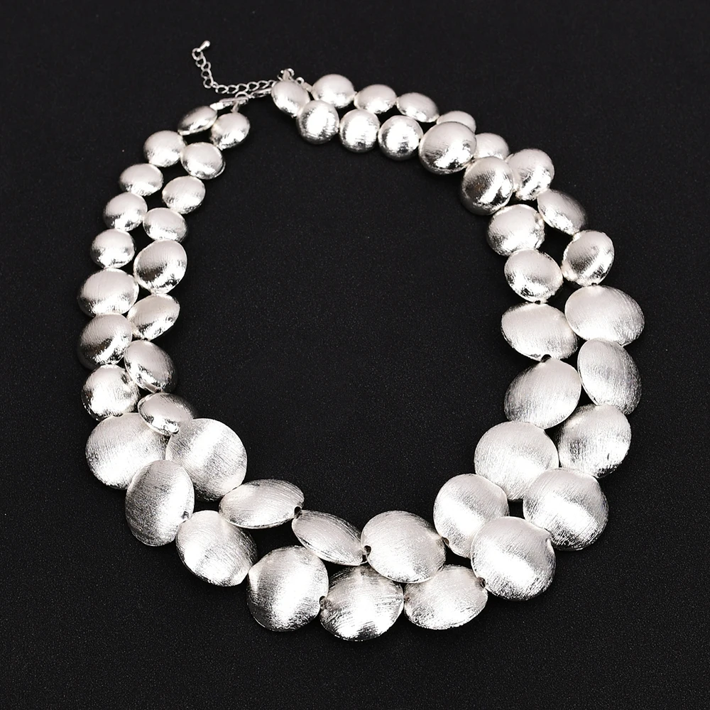 G-G 19-21'' 2 Rows Silver Color Plated Brushed Coin Beads Necklace Multi Rows Necklace For Lady