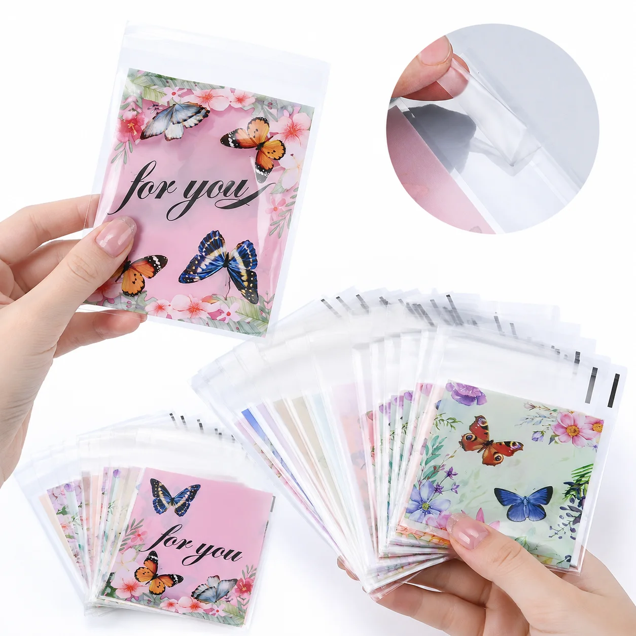 100 Stück Selbstklebende Klare Plastiktüten mit Schmetterlings- und Blumendruck "Für Dich" für Armbänder, Halsketten, Selbstversiegelnde Schmuckbeutel – Detail 4