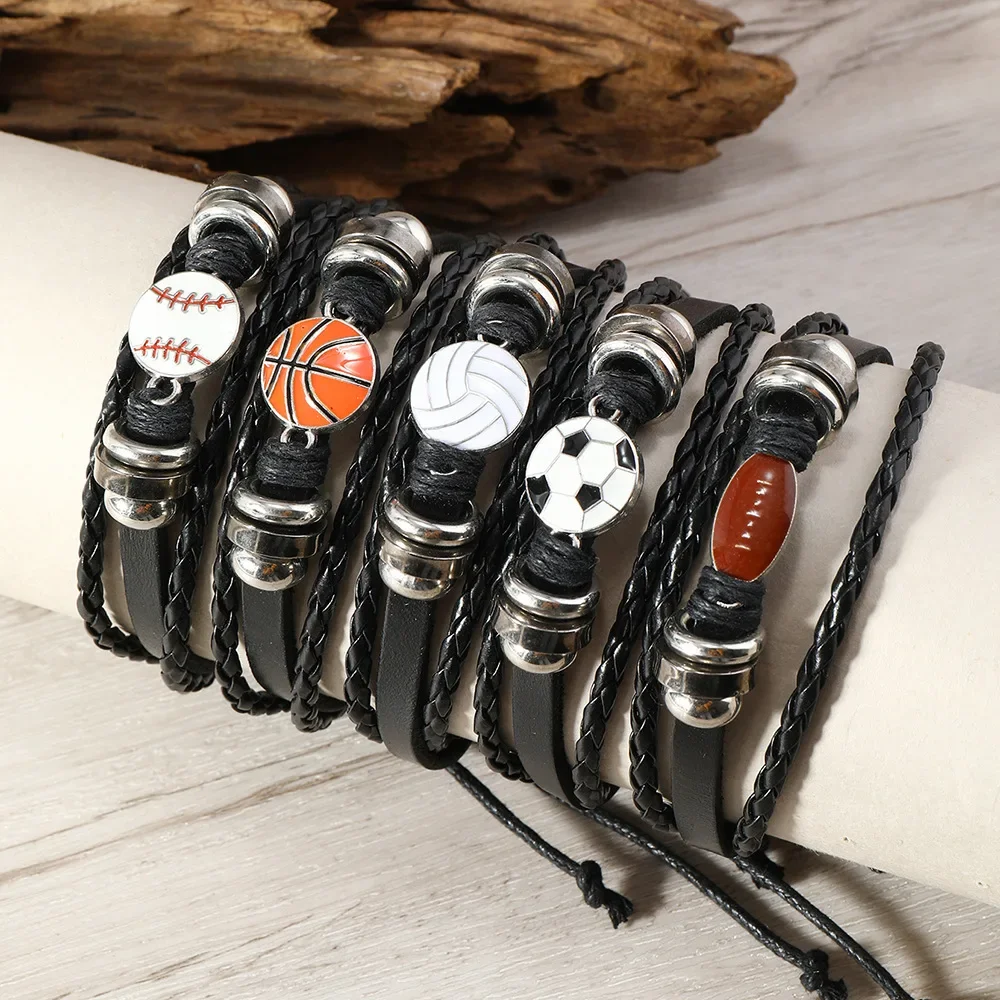5Pcs Vintage Leather Sport Bracelet For Women Men Volleyball Football Basketball Baseball Rugby Charm Bangle Fashion Jewelry view 2