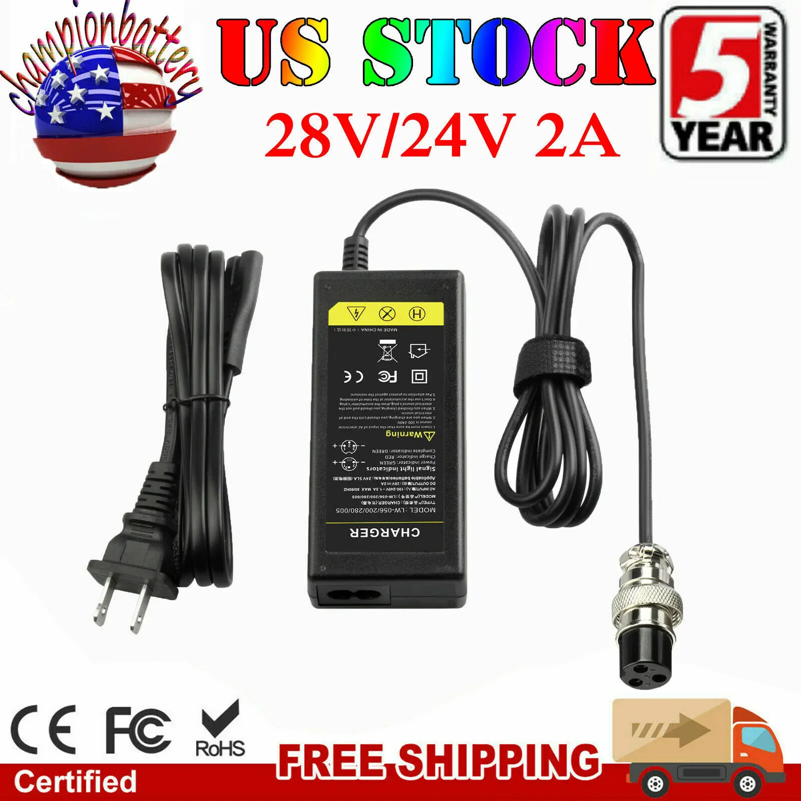 

24V 2A Female 3-Pin XLR Charger for Electric Scooter Power Cord Battery Charger