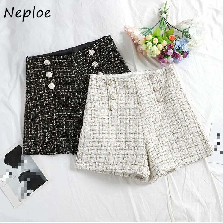 Neploe High Waist Shorts Women 2024 Autumn New Korean Double Breasted Plaid Causal Sweet Office Lady Wide Leg Shorts 82012