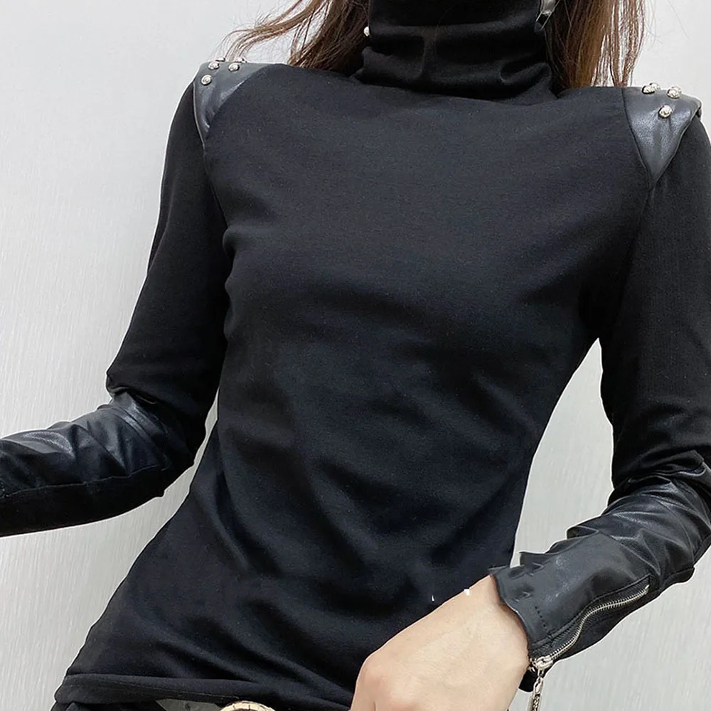 Black Ladies Elegant T-shirts Autumn Winter New Long Sleeve Half High Neck Underlay Shirt Fashion Versatile Leisure Female Tees