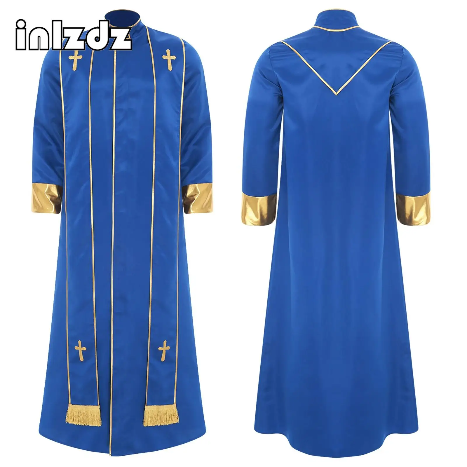 

Mens Priest Robe Stole Stand Collar Long Sleeve Front Zip Gold Cross Cassock Vestments for Catholic Priest Halloween Cosplay
