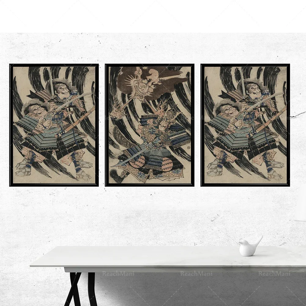 Vintage wall poster fighting with the devil Japanese warrior triptych samurai art battle scene Ukiyo-e prints