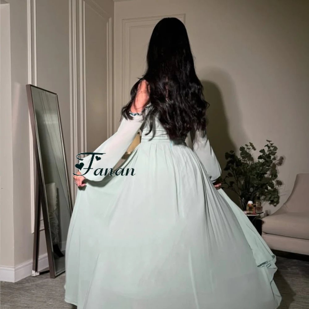 Personalizado bebê azul barco pescoço chiffon vestido de noite meia fora do ombro mangas cristal vestido de festa a linha até o chão vestido de baile