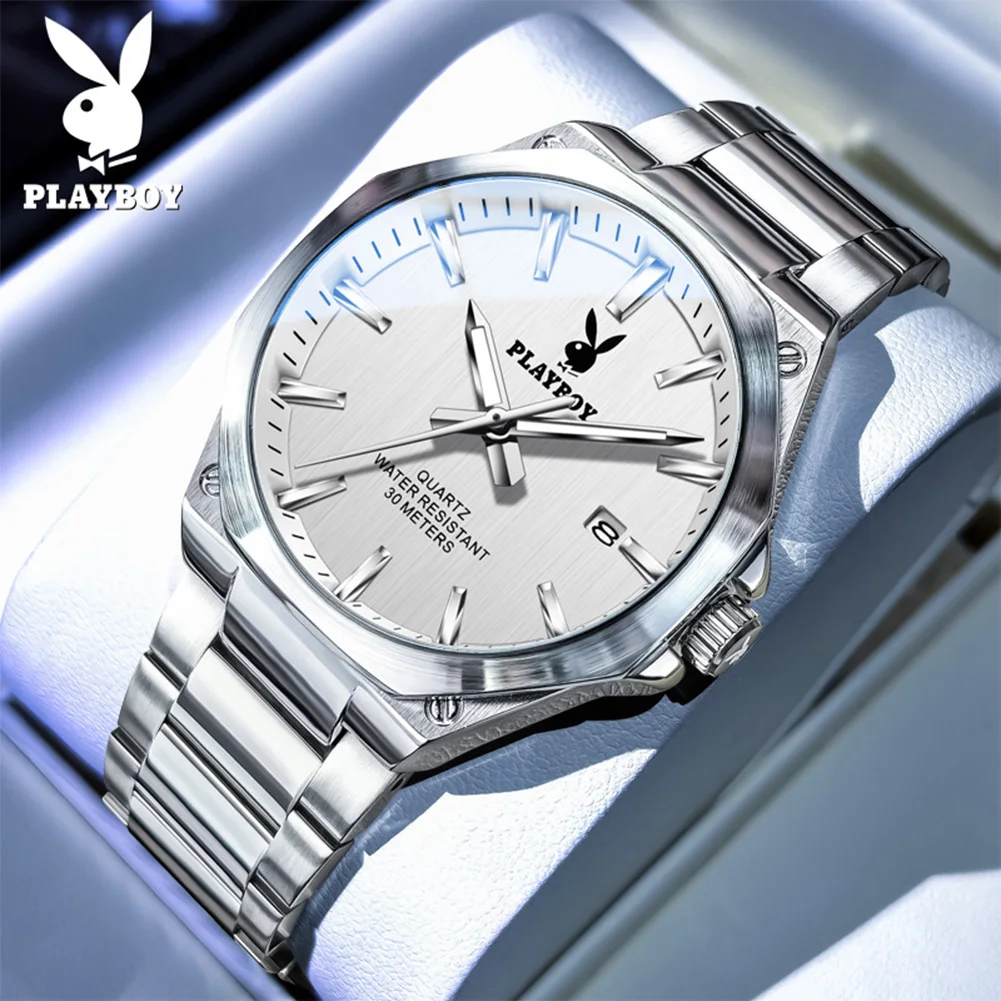 

PLAYBOY 3123 Business Quartz Movement Watch Men Square Dial Brand Classic Style 30m Waterproof Calendar Steel Strap Watch Men