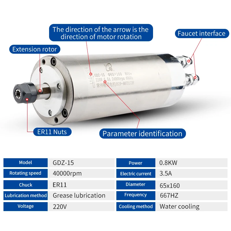 0.8KW Water-cooled Spindle Motor ER11 667HZ For CNC Engraving Machine Woodworking Equipped With 4 Engraving Bearings