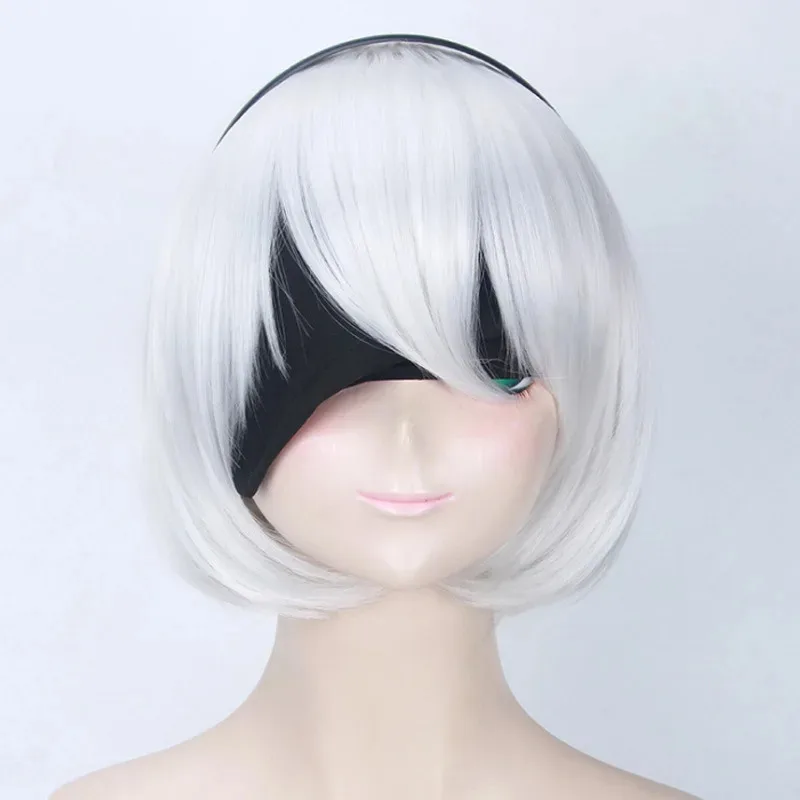 

Цуки NieR Automata 2B Женский ведущий парик для косплея Серебристо-белый градиент с челкой Синтетический короткий прямой парик Аниме Милый парик для девочек
