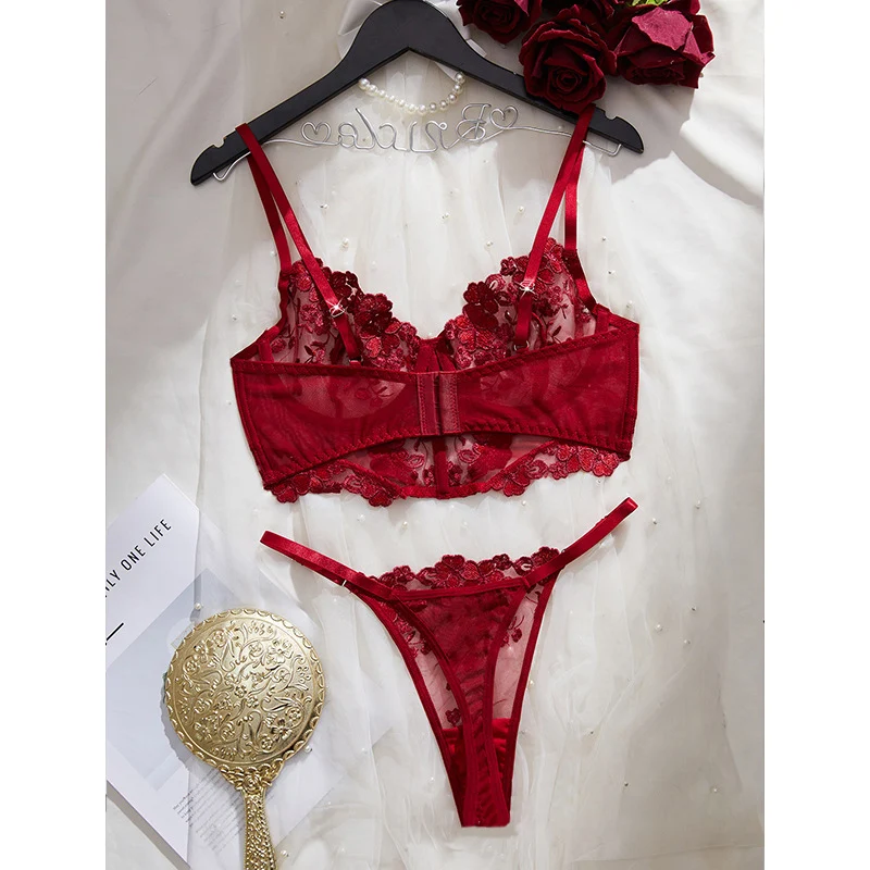 Сексуальное женское белье, красный сетчатый бюстгальтер и трусики, комплект с цветочной вышивкой, прозрачное нижнее белье, женский эротический комплект с 3 точками, романтическое горячее нижнее белье