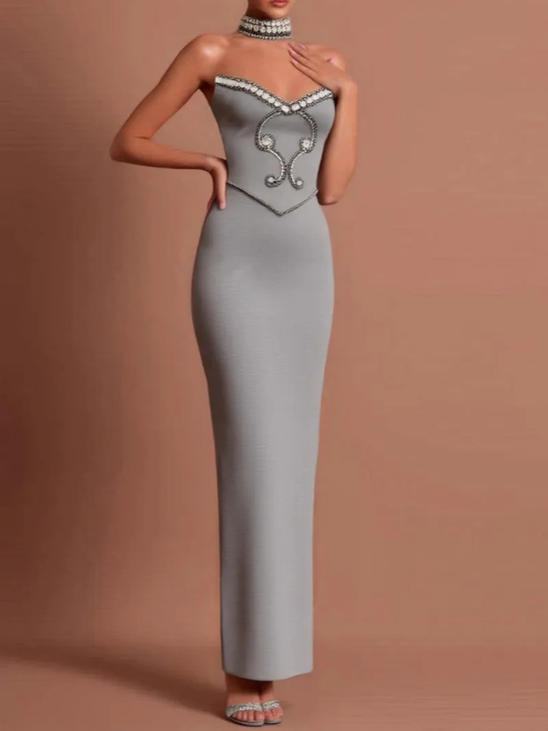 

Высококачественное вечернее платье без бретелек с бисером и цепочкой, элегантное, для вечеринок, клубов, дней рождения, 3STU