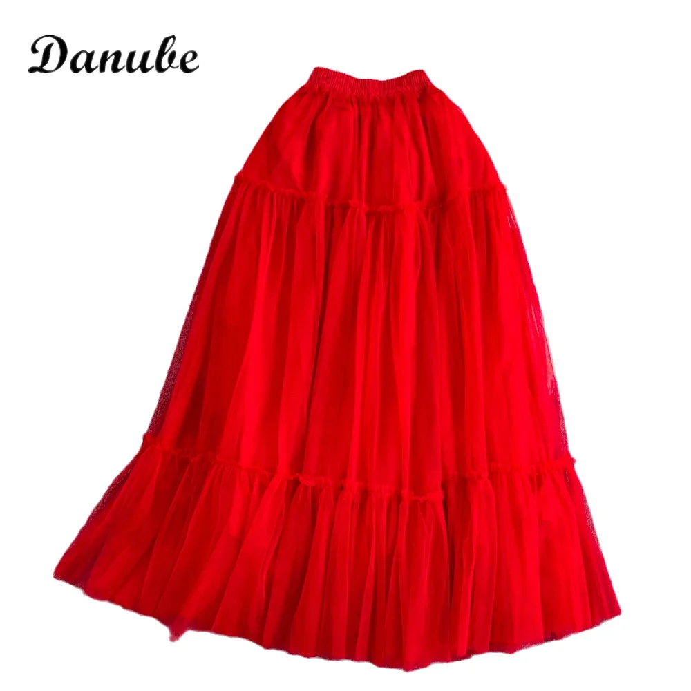 Vintage Tutu Tulle Pleated Long Skirt Women Spring Summer Elegant Design Luxury High Waist Mesh A-line Party Skirt Faldas Saias