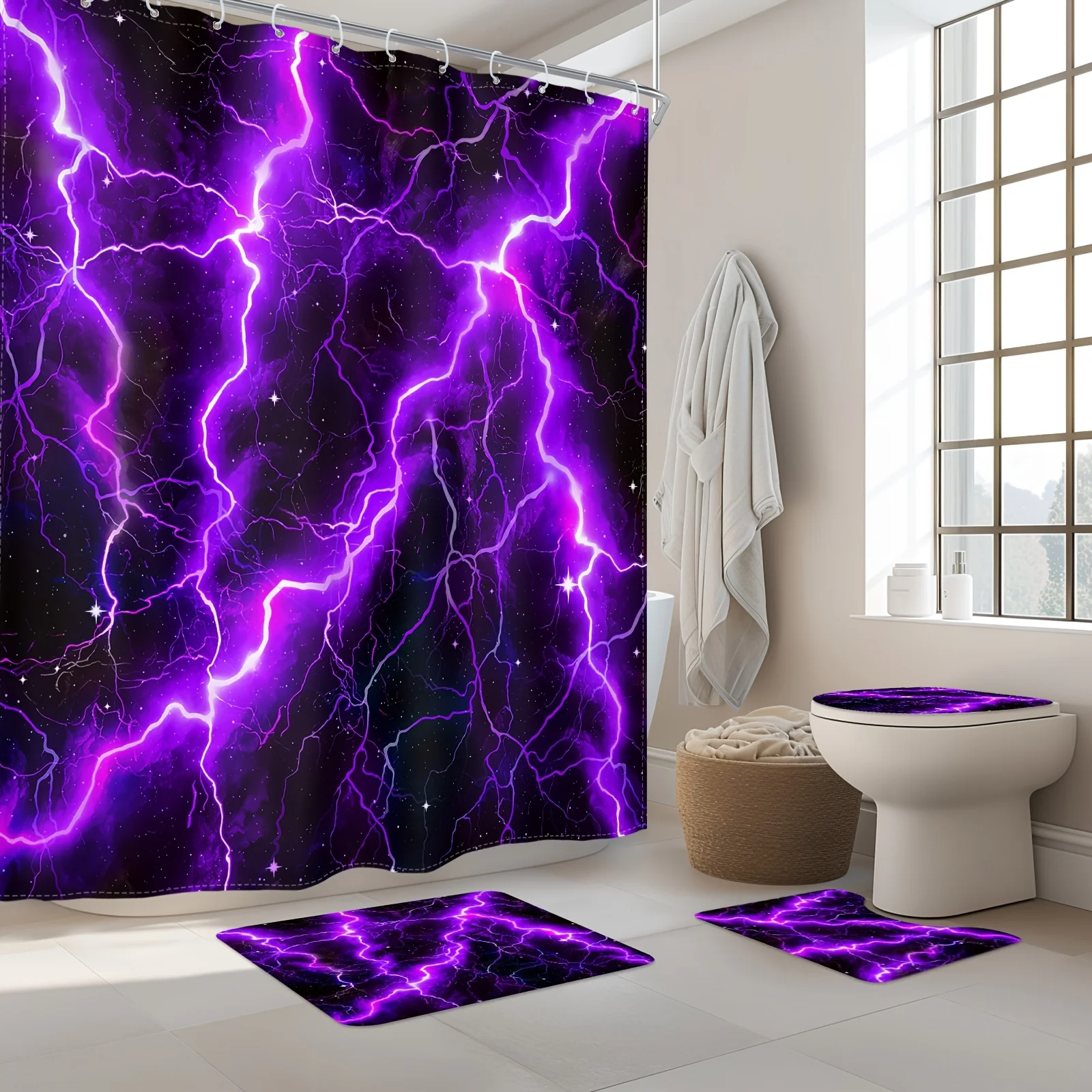 

Dramatic Purple Lightning Bathroom Four-Piece Set - Featuring a Stunning Design with Vivid Lightning Strikes, Perfect for Adding