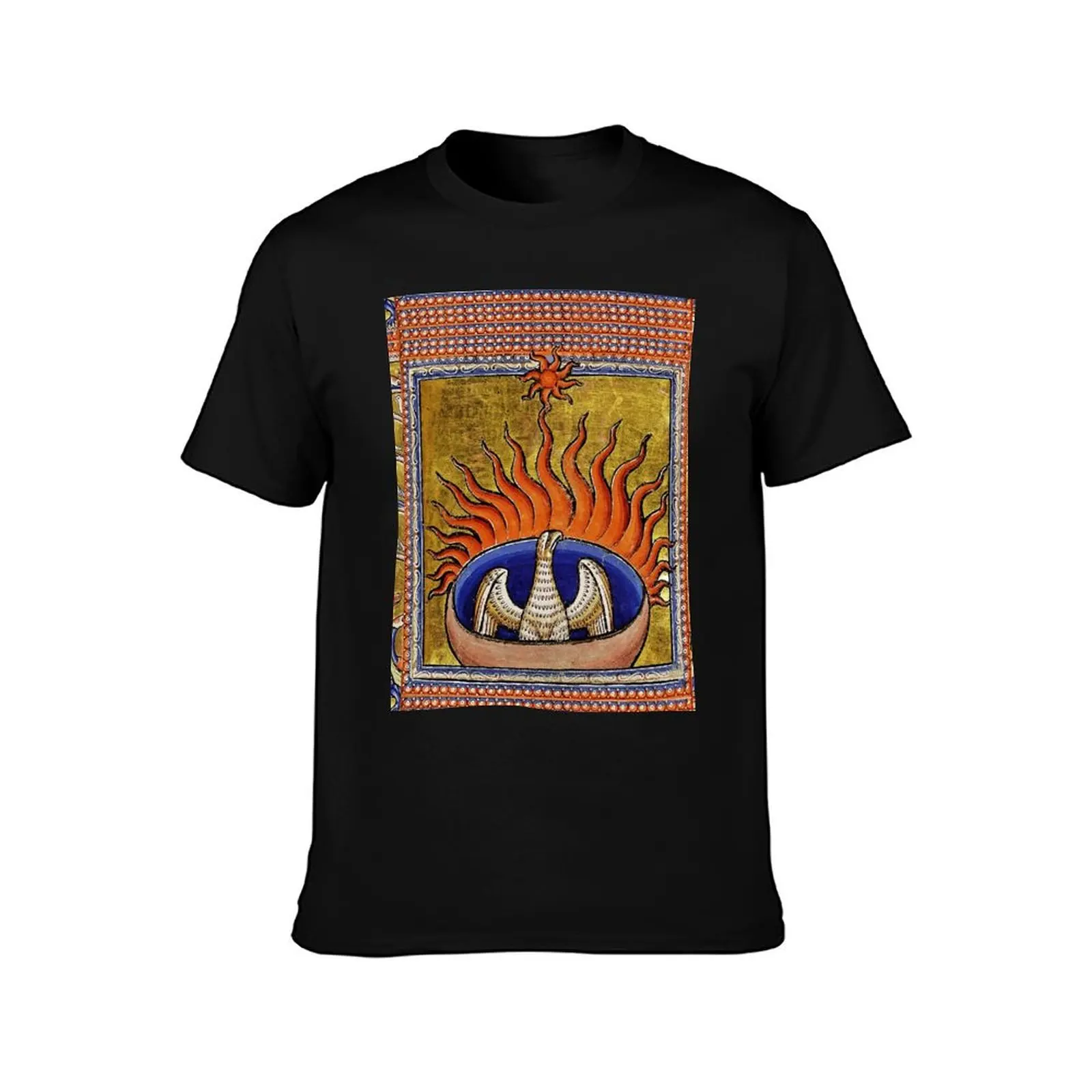 MEDIEVAL BESTIARY,PHOENIX IN RED FLAMES,TREE OF LIFE ,BIRDS,DRAGONS FANTASTIC ANIMALS IN GOLD RED BLUE COLORS T-Shirt