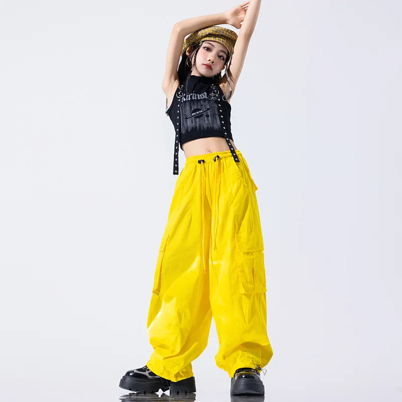 Teenager Kids Jazz Dance Clothes Girls Navel Tops Yellow Pants Loose Hip Hop Clothing Loose Street Dance Performance Costume
