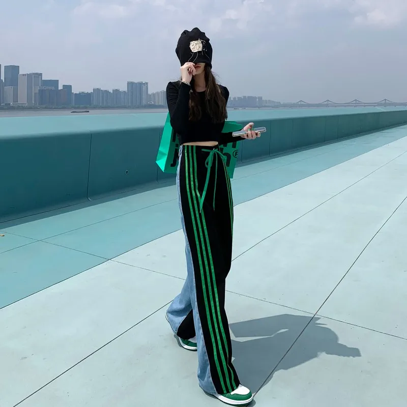 

2024 Spring High Waist Jeans Women's Contrast Panel Drawstring Design Versatile Straight Leg Wide Leg Pants