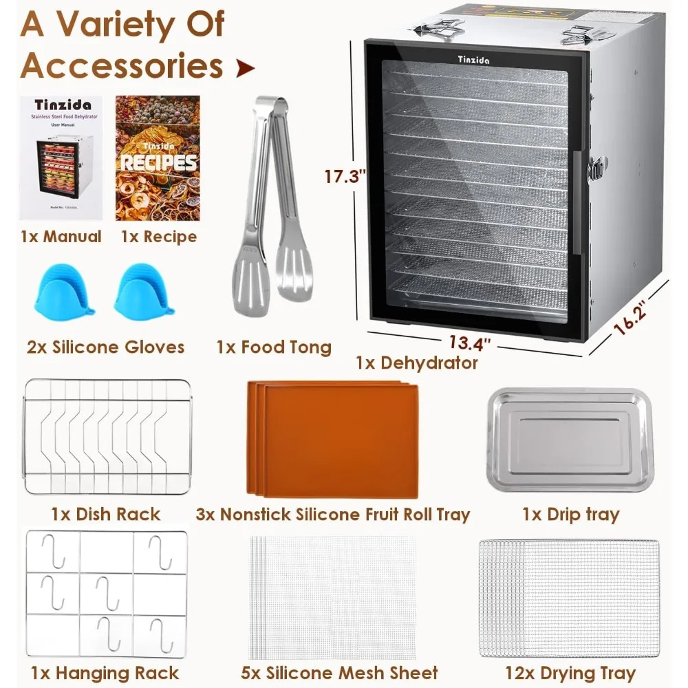 Bandejas de aço inoxidável para carne seca, frutas, pet treats, legumes, ervas, controle de temperatura, temporizador 24h, desidratadores, 12 ° C, 194 ° F