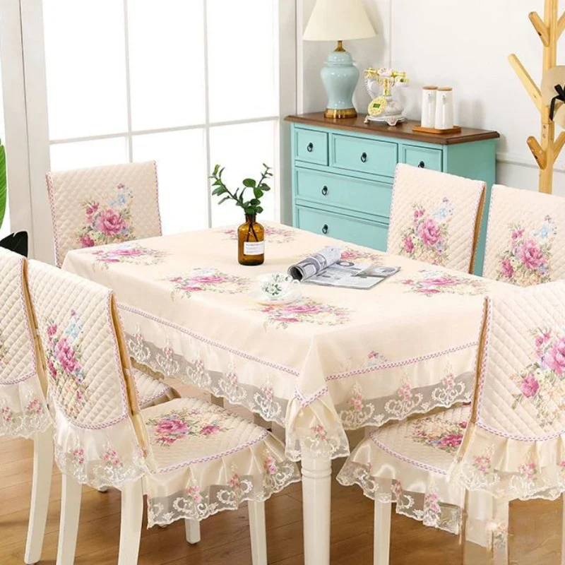 Lace Skirt Hem Chair Cover European Style Dining Table Cloth Cushion Flat Printed Tablecloth Fabric Art Stool Cover Cloth