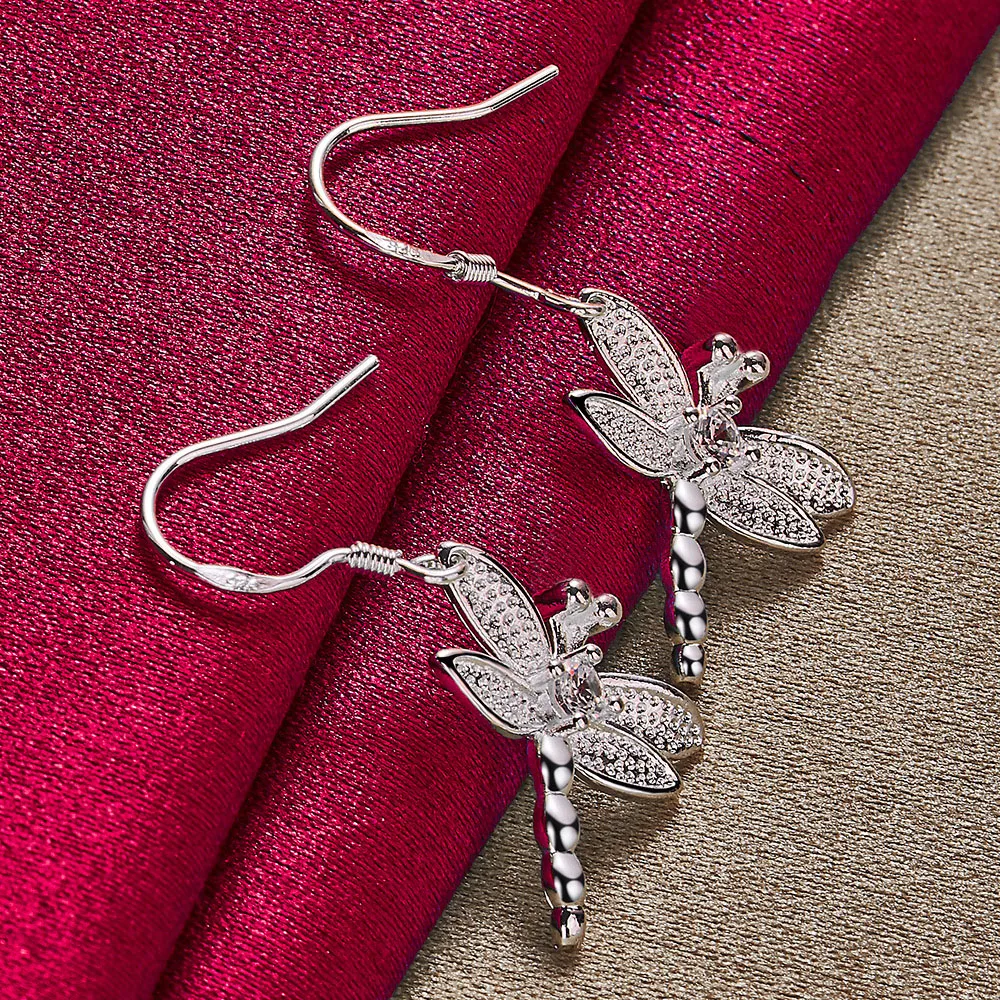 

Luxury 925 Sterling Silver Exquisite Dragonfly Earrings, Elegant Dangling Long Earrings for Women, Fashion Jewelry, Wedding Gift