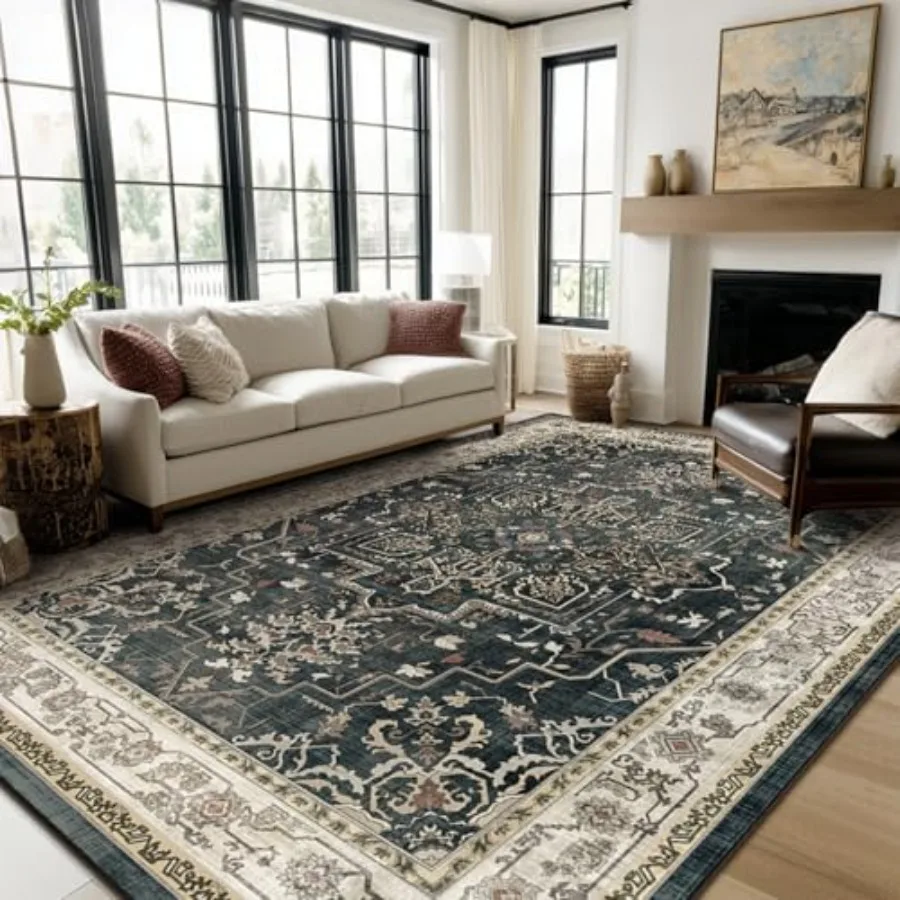 

Large Vintage Area Rugs 9x12 for Living Room Dark Distressed Medallion Printed Big Carpet Rugs for Bedroom Washable Non Slip Lo