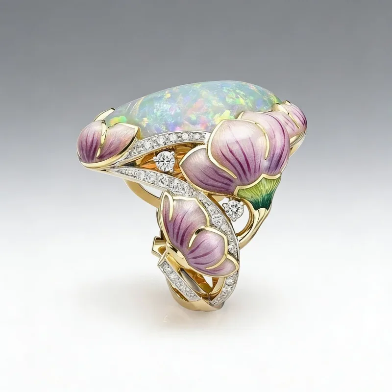 Delicate Fashion Gold Color Floral Ring Lavender Fuchsia Lotus Enamel Oval Cut Fire Stone Bridal Engagement Rings for Women