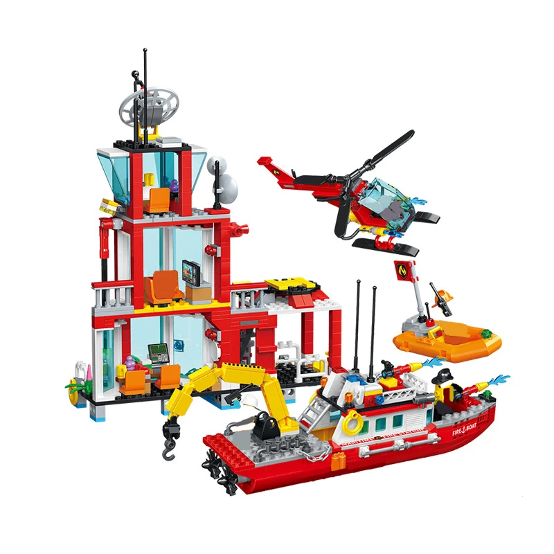 City Marine Fire Station Boat Building Blocks Rescue At Sea Yacht Life Buoy Helicopter Figures Brick Toys Gift For Kid Boy Adult