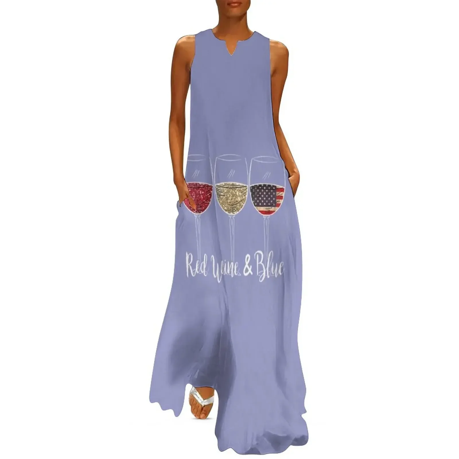 

Womens Red Wine & Blue 4Th Of July Wine Red White Blue Wine Glasses V-Neck Long Dress wedding dresses for parties Dress