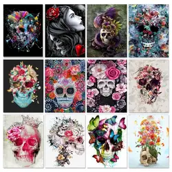 Abstract Painting By Numbers For Handiwork Skull Coloring By Numbers For Adults Gift Flowers On Canvas Handmde Home Decor