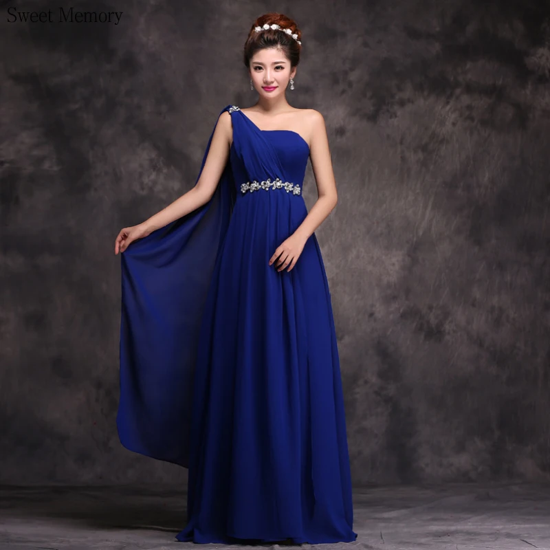 M588 Custom Made White Red Royal Blue Chiffon Evening Dresses Fashion Woman One Shoulder CRYSTAL Waist Party Dress Long