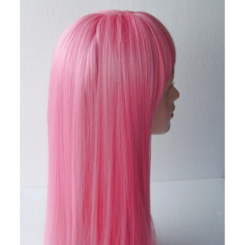 Long straight smooth synthetic pink WIG with fringe & classic adjustable cap.