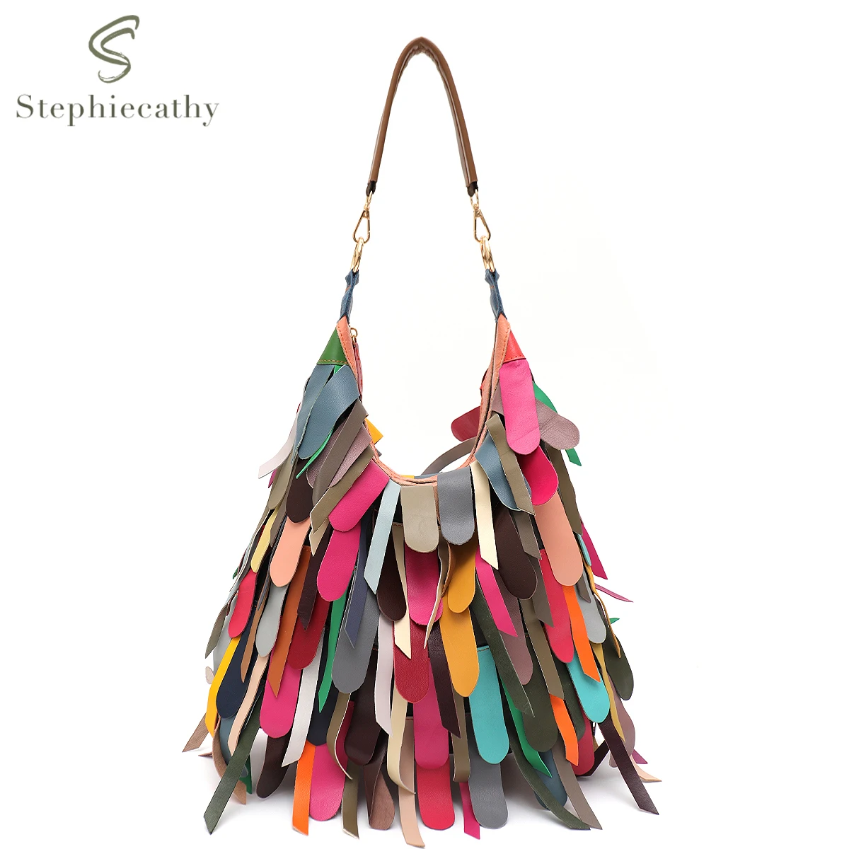 

SC Casual Slouchy Boho Style Women's Colorful Real Sheepskin Tassel Fringe Hobo Shoulder Cross body Bag Genuine Leather Handbag