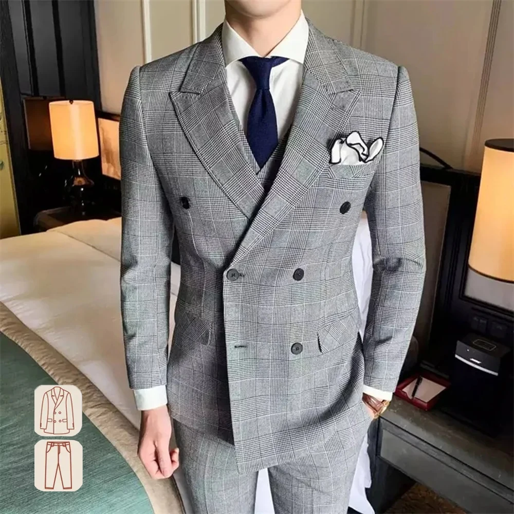 

Grey Striped Plaid Suits Men Houndstooth Fromal Business Office Double Breasted Blazer Pants 3 Pieces Groom Wear Wedding Tuxedo