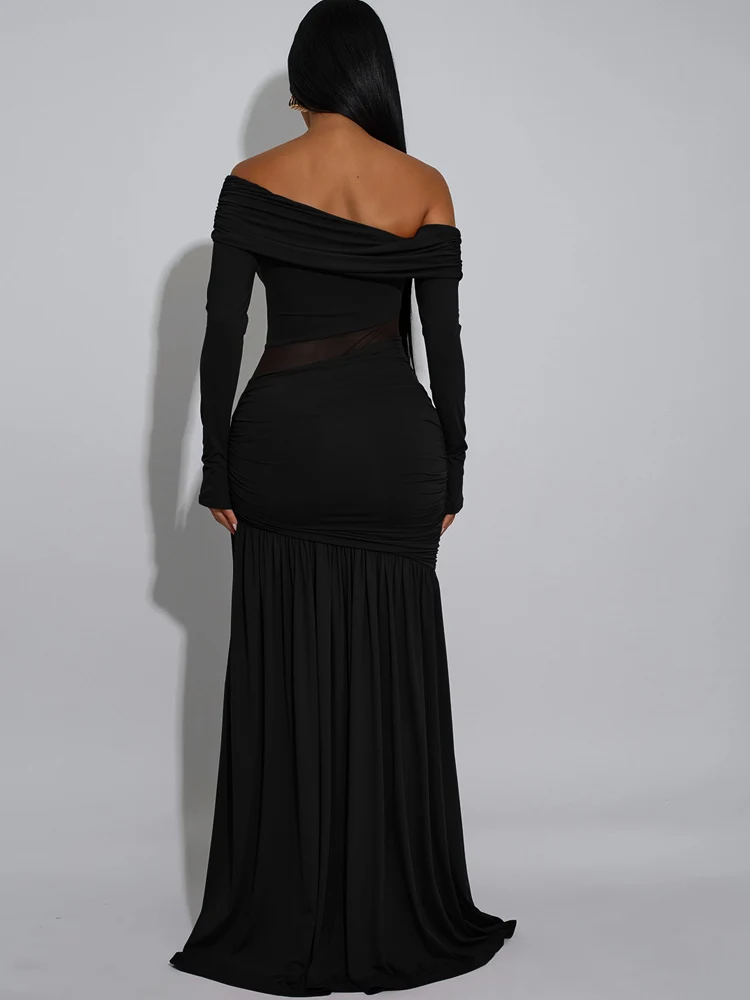 Kricesseen-Vestido largo de manga larga para mujer, vestido Sexy negro con hombros descubiertos, vestido de noche Formal de sirena fruncido con corte de malla