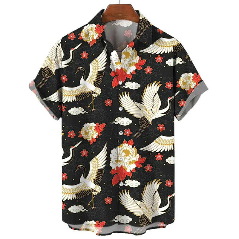 Camisas hawaianas con estampado 3D de grulla coronada roja, ropa de calle con solapa, blusa informal holgada de manga corta para hombre