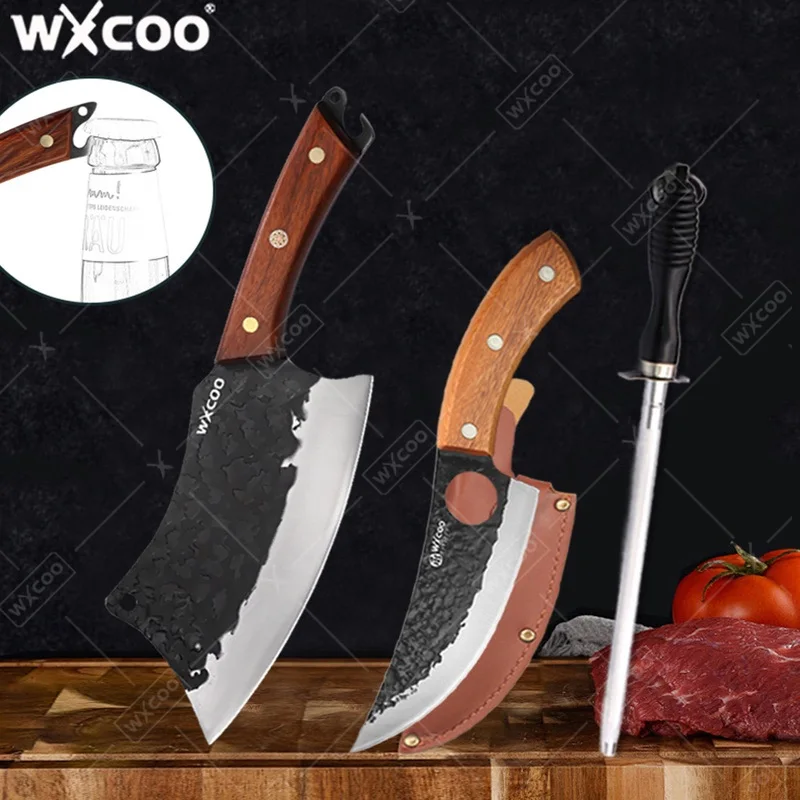 WXCOO Handgeschmiedetes Metzgermesser mit Holzgriff Küchenzubehör Edelstahl Fisch-Entbeinungsmesser Fleischbeil Küchenmesser