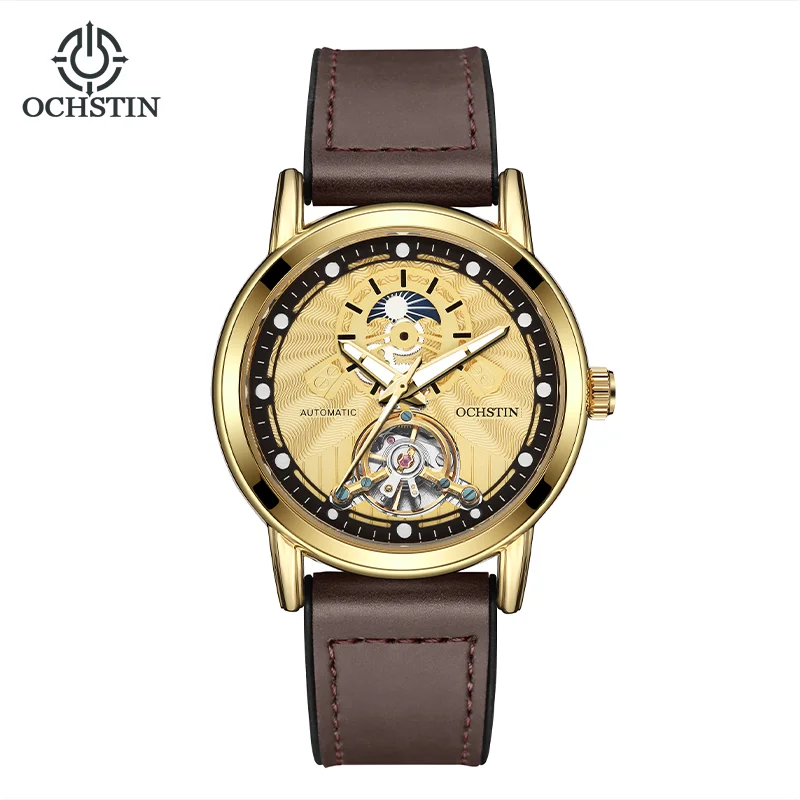 Men Watch Automatic Mechanical Luxurious Tourbillon Open Heart AM PM Dial Luminous Rubber Leather Strap & Magnetic Clasp_voghion.com