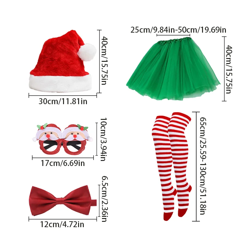 PESENAR Christmas Costume Set Santa Hat Tutu Skirt Striped Tights Glitter Frame Christmas Glasses for Women