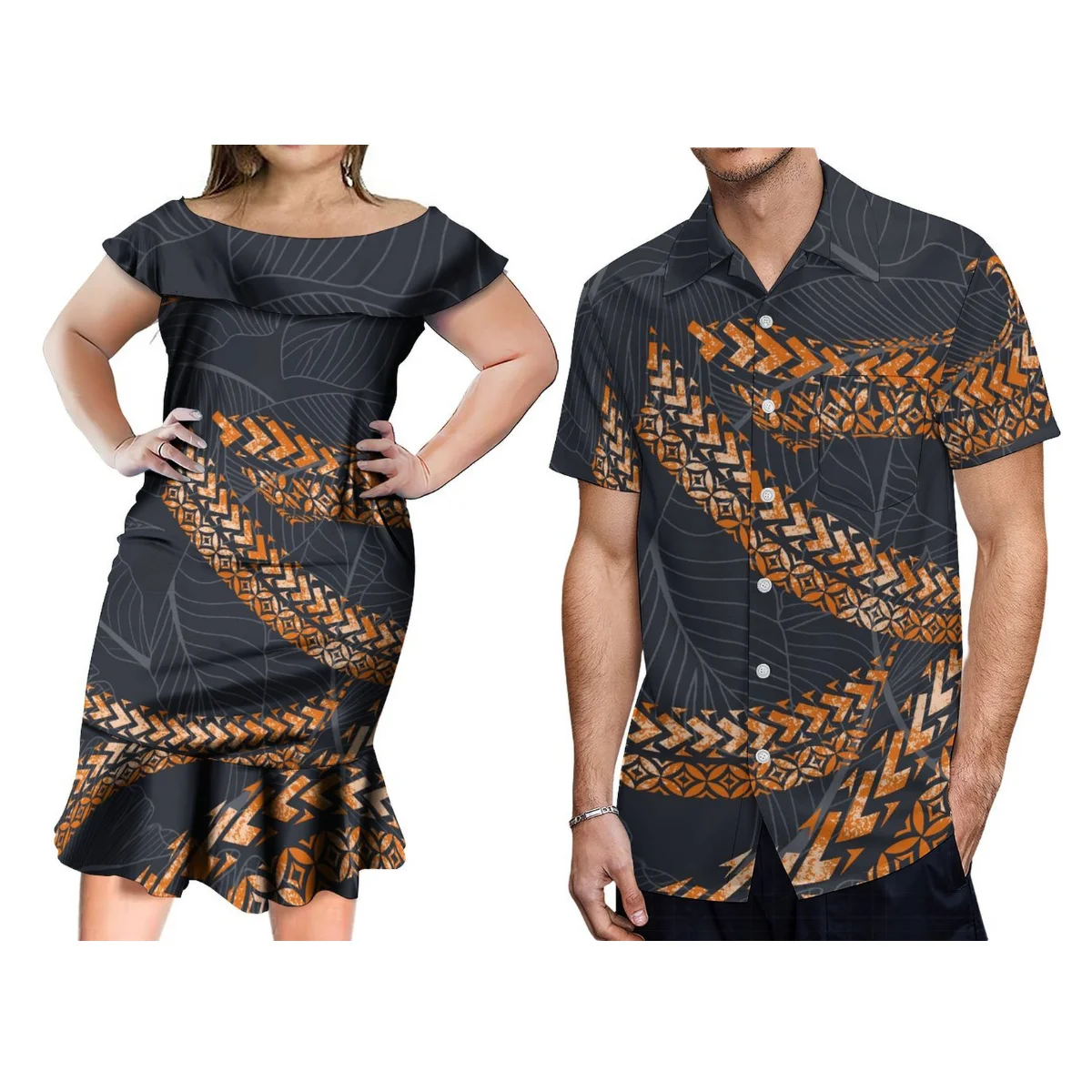 

High Quality Custom Polynesian Elei Tribe Print Ruffled Bodycon Dress Mermaid Pleated Skirt Plus Size Women'S And Men'S Shirts