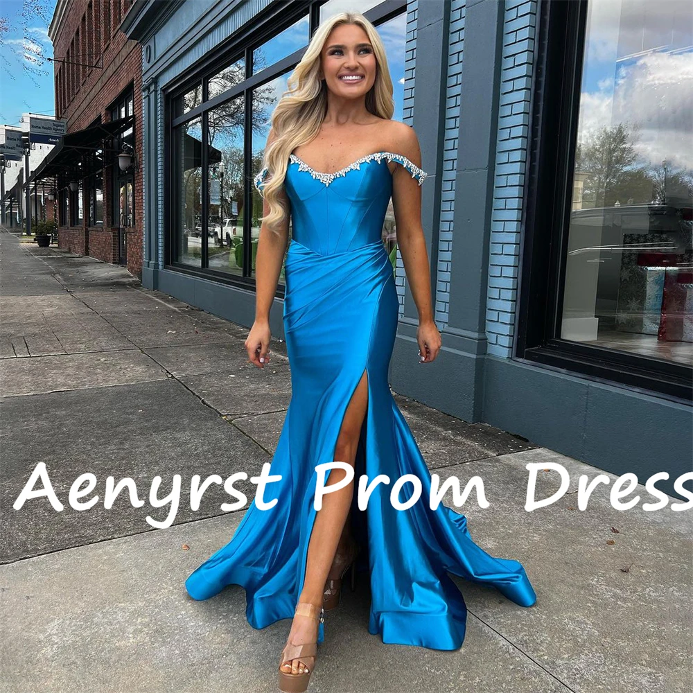 Aenyrst-Off Shoulder Mermaid Prom Dresses, fenda lateral de cetim, vestido de noite com decote em V, vestido até o chão, azul