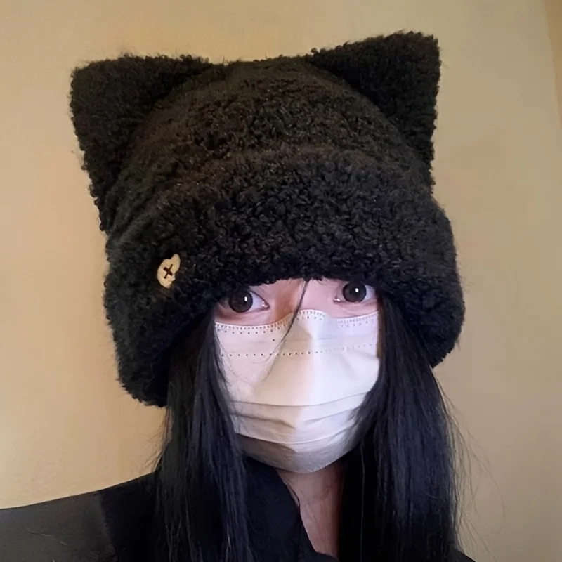 1 piece of black cat ear plush hat for women's winter warmth, three-dimensional ear design+soft and cute texture casual hat