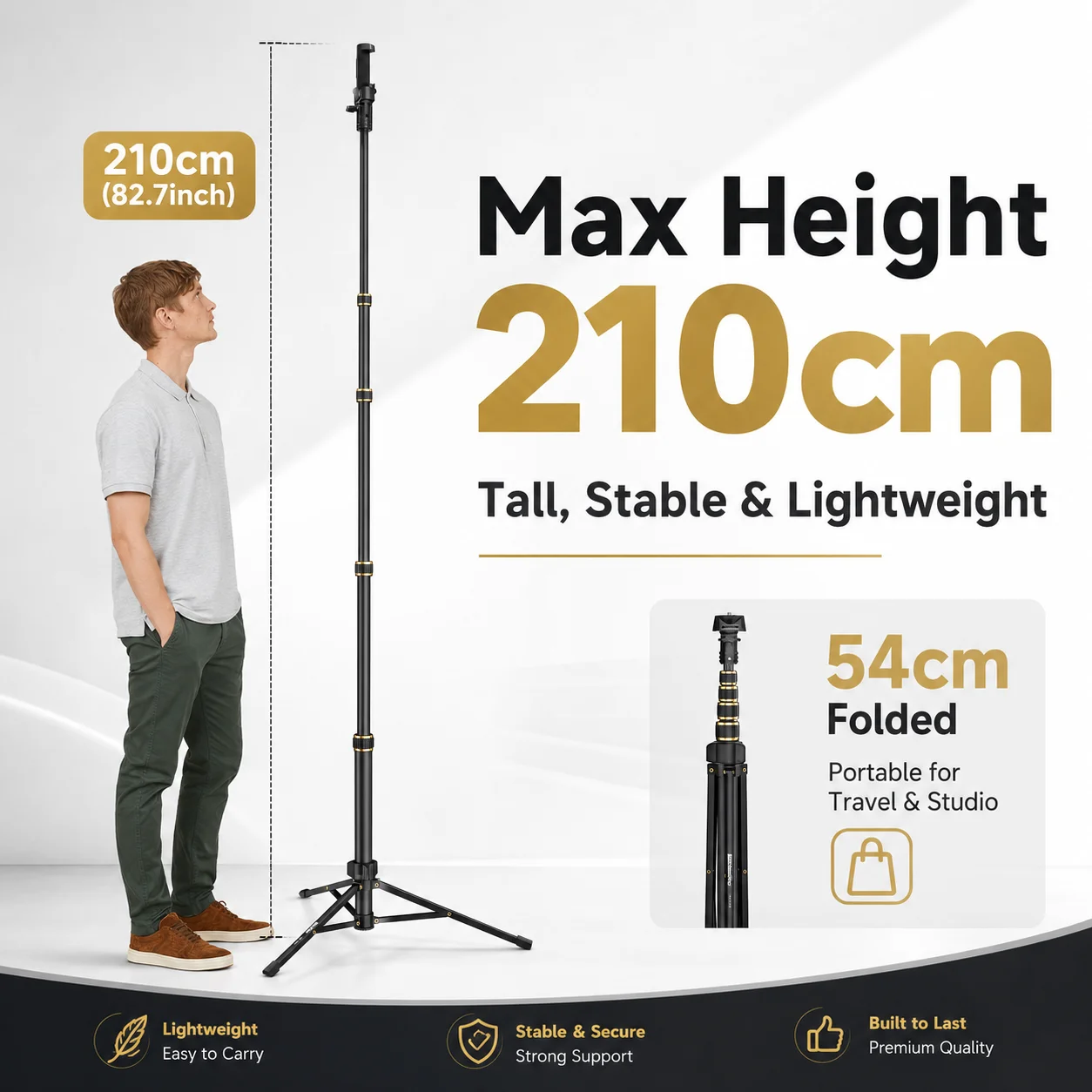 Nefio 210cm Ausziehbares Handy-Stativ Selfie-Stick mit Handyhalterung, Leichtes Einziehbares Stativ für iPhone Android, Liv