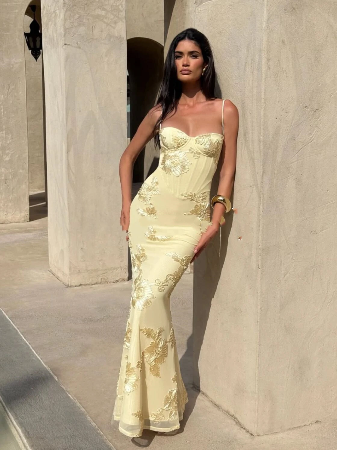 Ele Yellow Strapl Sexy Bal Slimming High-End Sensation Vaion Dr Chic Aosphere Luxury Dr Long A-Line Skirt