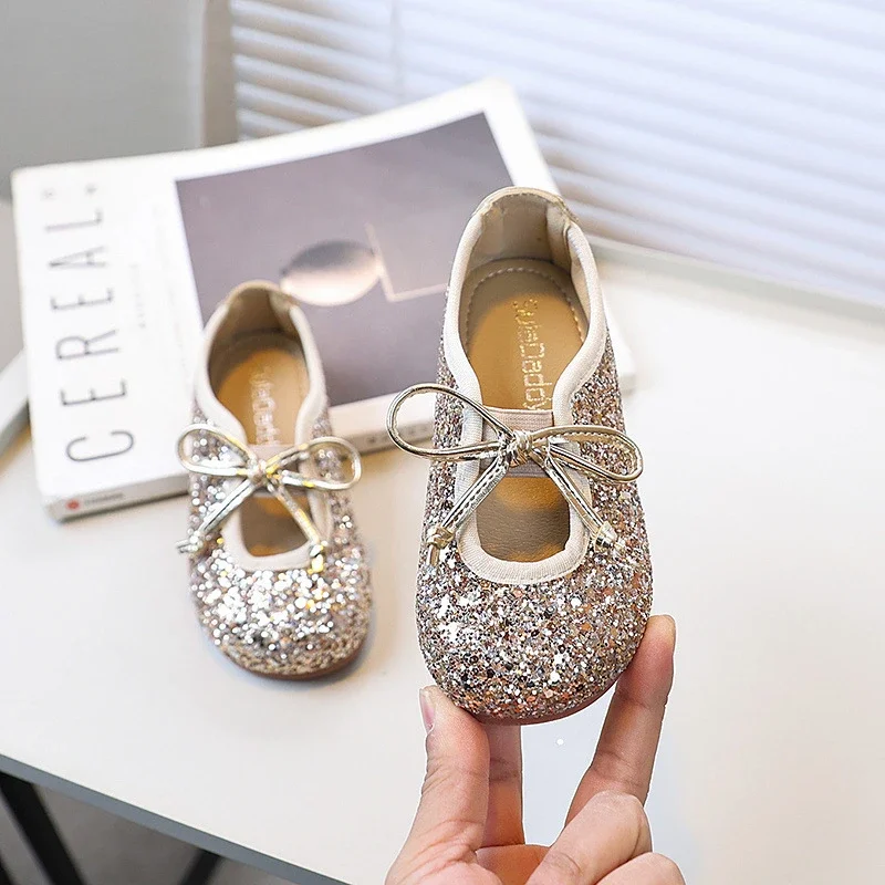 

New Girls Sequins Ballet Shoes Spring Autumn Shiny Children Princess Leather Shoes Soft Bottom Bowknot Kids Causal Flat Shoes