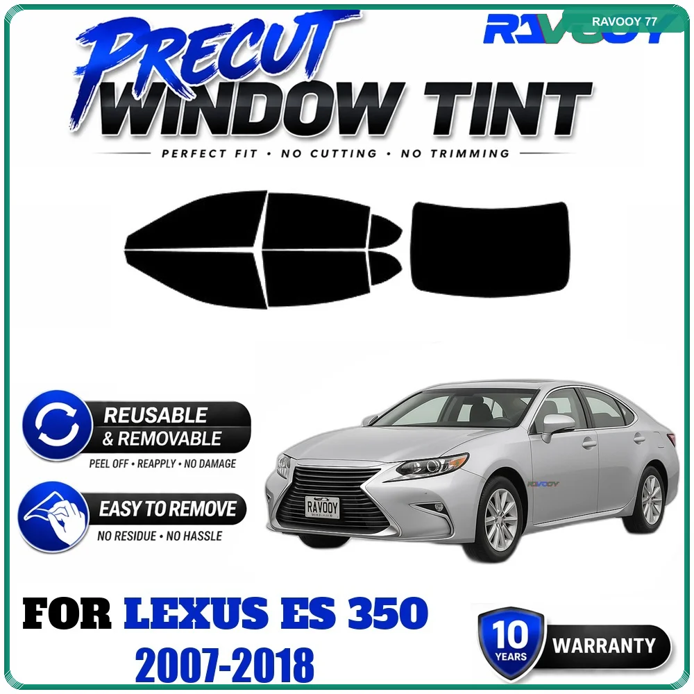 RAVOOY Precut Window Tint, Reusable Removable EPU Film, Custom Fit for Lexus ES 350 2007-2018, UV Heat Protection