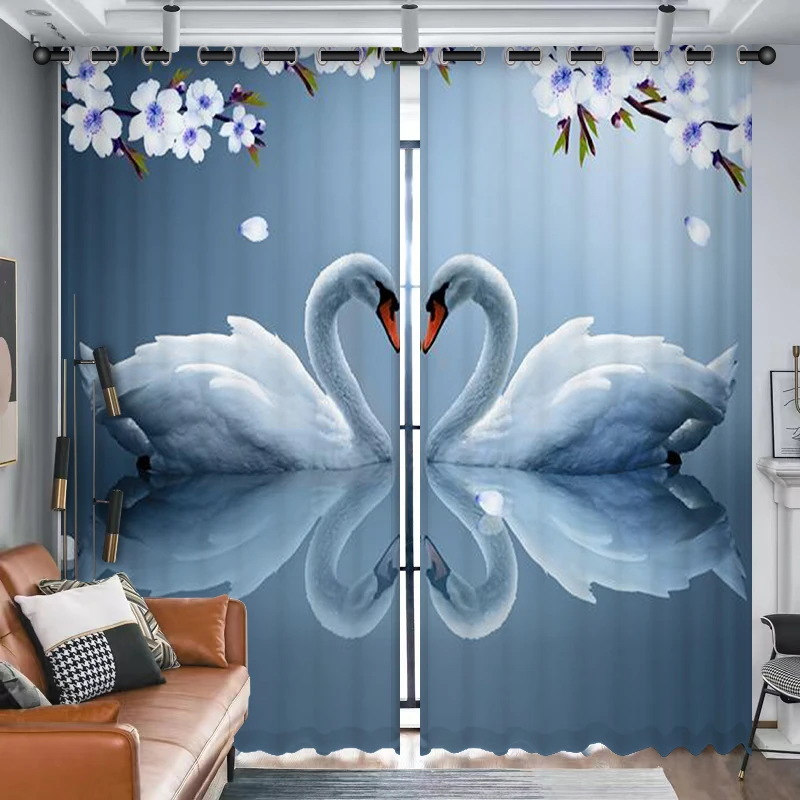 2Panel Swan Curtain Semi-blackout Curtain for Bedroom Living Room Kitchen Window Grommet Top cortinas de salon 2 piezas envío